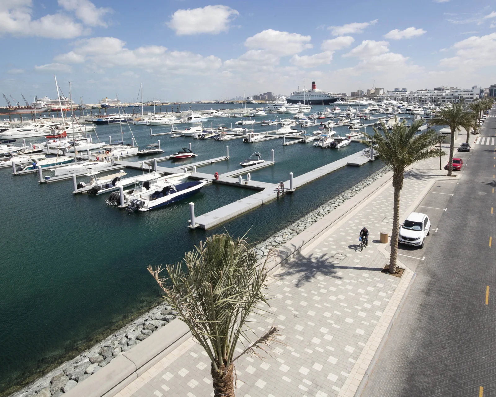 Marina with yachts and waterfront infrastructure