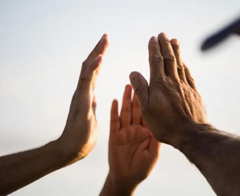 Hands raised together in a gesture of teamwork